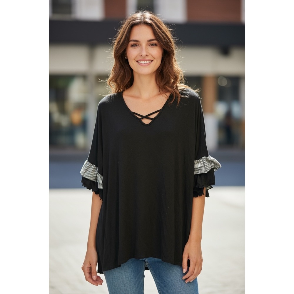 Simply Irresistible Black Criss Cross V Neck Gingham Ruffle Sleeve‎ Top 1X